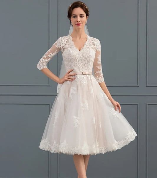 Classic Short Wedding Dress 2024 A-e V-neck Half Sleeves Knee-Length Tulle Lace Garden Bridal Gown Bride Shower Vestidos De Noiva