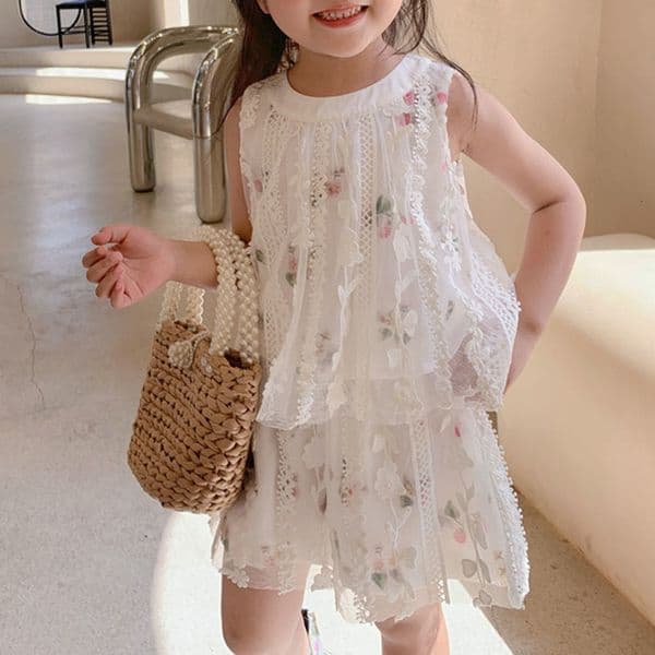 Clothing Sets Summer Children Girls Flower Lace Embroidery Top Shorts Toddler Baby Clothes Suit Fashion Kids Outfit 230412