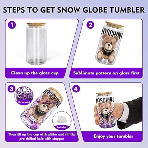 Double Wall Tumbler 16 OZ Sublimation Billet With Bamboo Lid And Straw Pre-Drilled Borosilicate Glass Beer Can Snowball Glitter 1113 B2