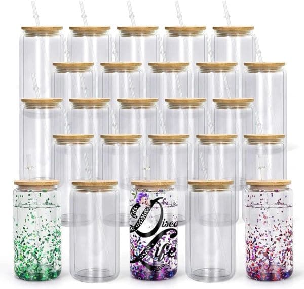 Double Wall Tumbler 16 OZ Sublimation Billet With Bamboo Lid And Straw Pre-Drilled Borosilicate Glass Beer Can Snowball Glitter 1113 B2 thumbnail 2