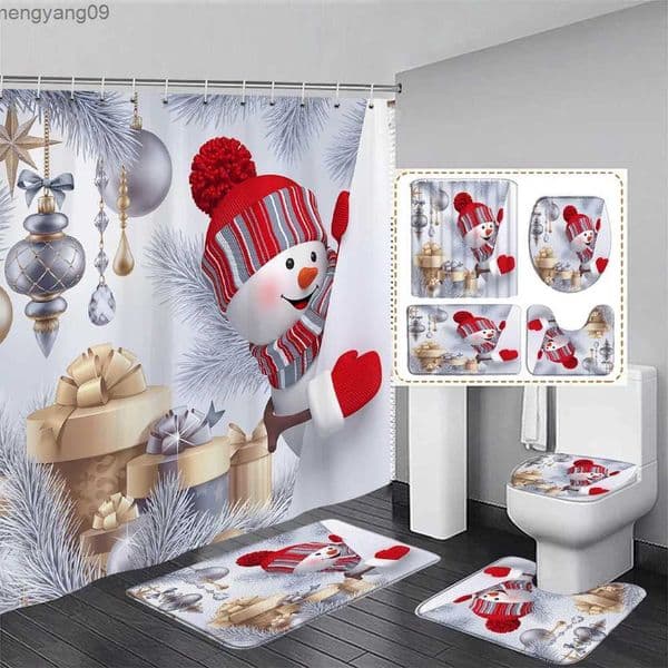 2026 New Curtains Christmas Shower Curtain Set Fireplace Xmas Tree Pink Candle Gift New Year Bathroom Decor Rug Bath Mat Toilet Cover J24112