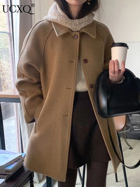 Womens Wool Blends UCXQ Temperament Lapel Gold Single Breasted Loose Woolen Coats Versatile Long Sleeve Warm Jacket Autumn 23A4685 231113
