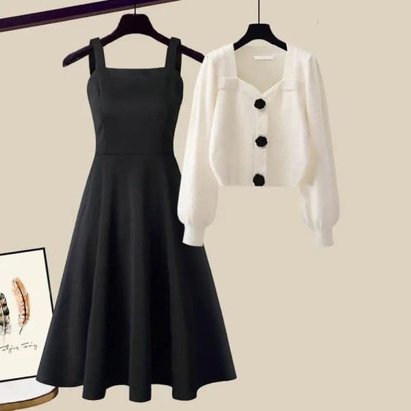 Basic Casual Dresses Autumn Winter Knitting Set Women High Street Black Slim Sling Long Dress with Cardigan Sweater Elegant Two Piece Suit 231116