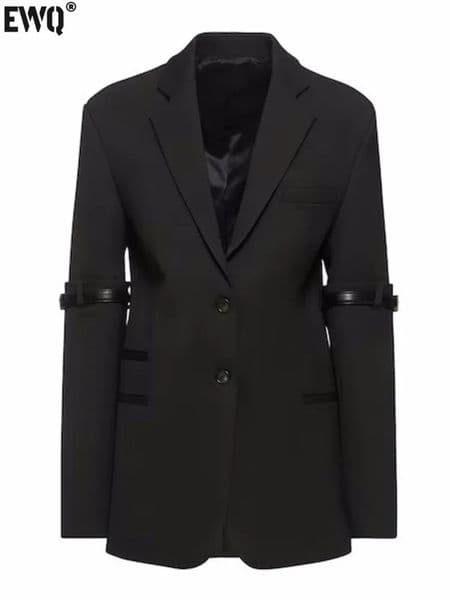 Womens Suits Blazers EWQ Women Fashion PU Leather Buckle Spliced Blazer Coat Long Sleeve Twobutton Suit Jacket Spring Autumn Top 37 231115