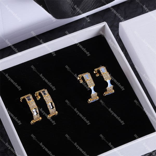Designer Golden Diamond Hoop Earrings Women Letter Crystal Eardrops Silver Rhinestone Circle Earrings With Box