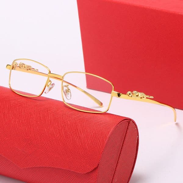 Cati Fashion Men Sunglasses Sunshade Glasses Leopard Head Composite Metal Rimless Optical Frame Classic Rectangle Square Gold Luxury Sunglasses
