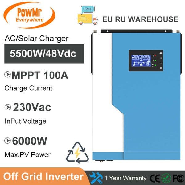 PowMr 5.5KW Hybrid Inverter Solar Off Grid Inverter 48V Built-in MPPT 100A 240V Pure Sine Wave Inverter Support WIFI Moudel