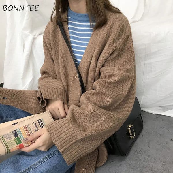Women's Knits Tees Sweaters Women Knitting Cardigans Casual Spring V-Neck Long Sleeve Daily Solid Mujer Clothes Single Breasted Brown College 231121