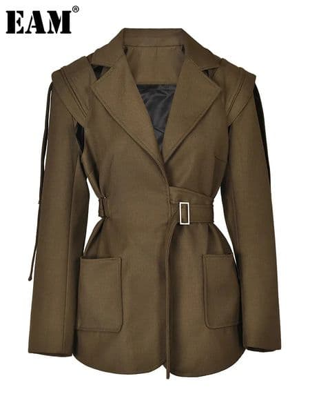 Women's Suits Blazers EAM Brown Pocket Belted Blazer Women Big Size Lapel Long Sleeve Loose Fit Jacket Fashion Spring Autumn 1DF336616 231121