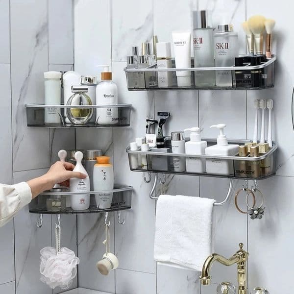 Bathroom Shelves Wall-Mounted Triangle Storage Rack Bathroom Shelf With Towel Bar Hooks Organizer For Bath Household Items Bathroom Accessories 230422