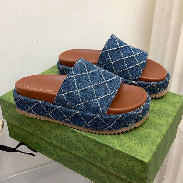 womens slipper embroider slide designer sandles girls Canvas covered platform sandal with dust bags beach sandale femme mid heel lady sandal slipper new l slider