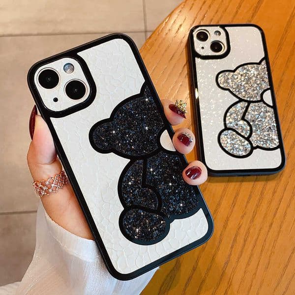 Cell Phone Cases Cute Korean Glitter Bear Leather Soft Case For iPhone 14 Pro Max 14 Plus 13 12 11 XS XR X Luxury Bling Shockproof Silicone Cover J230421