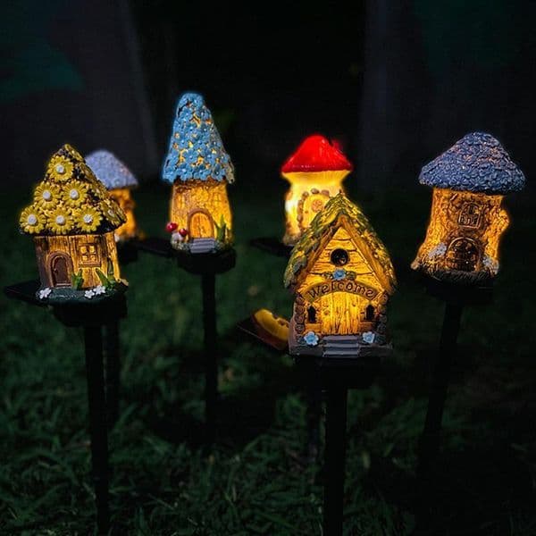 Garden Decorations Solar Outdoor Lights Decorative Resin Fairy House Statue Waterproof Stake Decor 230422