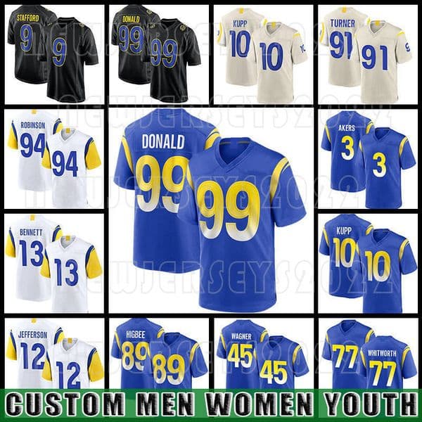 Aaron Donald Football Cooper Kupp Jersey Matthew Stafford Cam Akers Byron Young Stetson Bennett Tutu Atwell Los Angeleses Rams Puka Nacua Van Jefferson Turner Long