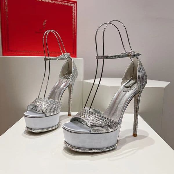 Platform Heel Sandals 15CM Ultra High Heels Women Ankle Strap Buckle Rhinestone Decoration Designer Shoes Fashion Square Toe Party Sandal