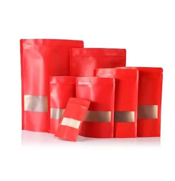 wholesale Thick Red Kraft Stand Up Self seal Bags With Window Heat Sealable Candy Coffee Snacks Craft Paper Package Pouches