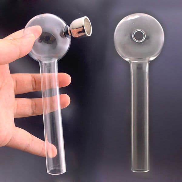 Cheapest Hand Smoking Pipe 15cm Length 50mm Ball Spoon Glass Pipes Tobacco Dry Herb Glass Oil Burner Pipe with Removable Metal Smoking Piece Bowl