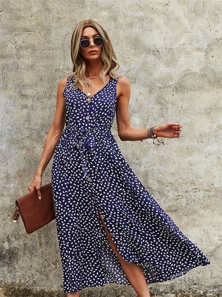 Casual Dresses Msfilia Vacation Style Summer Spring Sexy Chic Dress Sleeveless V Neck Print High Waist Bandage Ladies Dress 230425