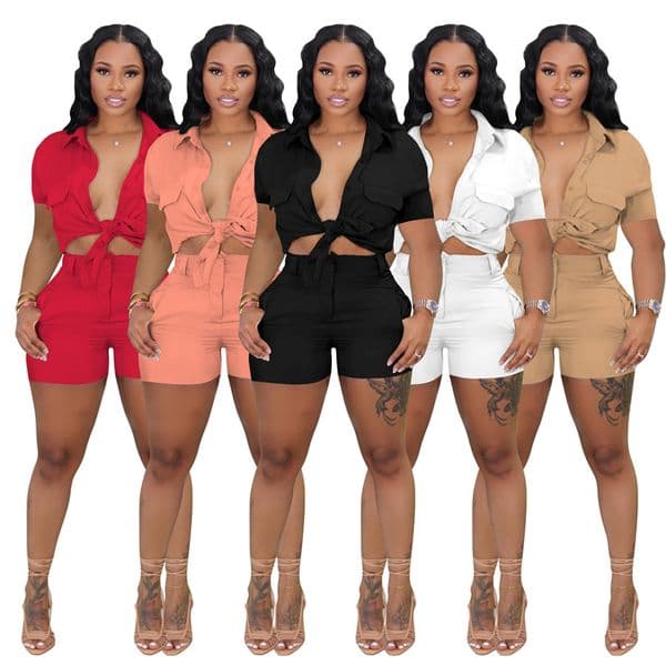 NEW Designer Tracksuits Summer Outfits Women Two Piece Sets Short Sleeve Pocket Shirt AND Shorts Casual Sweatsuits Solid Sportswear Bulk Wholesale Clothes 9784