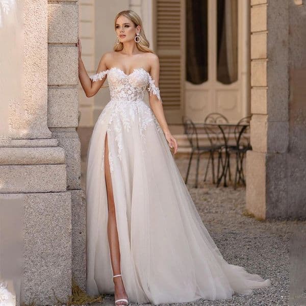 Illusion Bodice Boho lace Wedding Dresses 2023 Glitter Sparkle Nude Tulle With White Appliques Beach Bridal Dress plus size side split sexy wed gowns vestido de