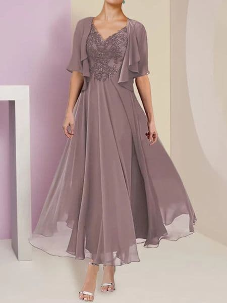 Elegant Chiffon Two Piece Mother Of The Bride Dresses A e Lace Appliques V Neck Short Sleeves Ankle Length Wedding Guest Gown