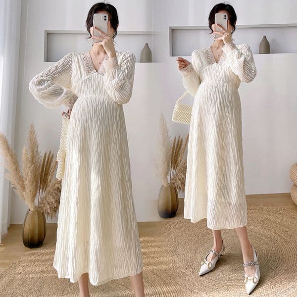 MaterniTY Dresses Nursing MaterniTY Womens Pregnancy Long Sleeve Nursing Pleat Dress MaterniTY Dress Clothes Knee Length Pregnancy Dresse M260226