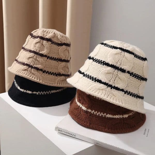 Wide Brim Hats Bucket Woolen Knitted Hat For Women Winter Korean Version Warm Versatile Dome Pot Striped Fisherman Trend 231129