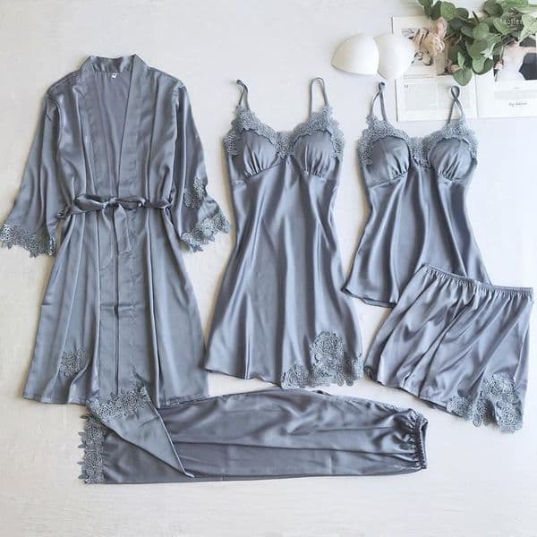 2026 New Women's Sleepwear Gray 5Pcs Nightgown Set Women Lace Nightwear V Neck Pajamas Suit Homewear Spring Robe Gown Sleep Wear Pijama Negl
