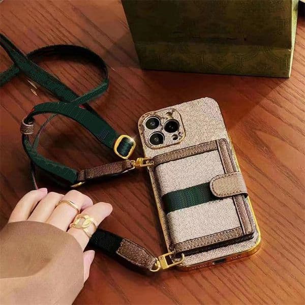 Fashion Designer Card Holder Phone Cases for iPhone 16 15 Pro Max 14 12 13 11 XS X XR Back Cover Luxury Gold Binding Protective Case Handbag Wallet Coin Purse With Lanyard