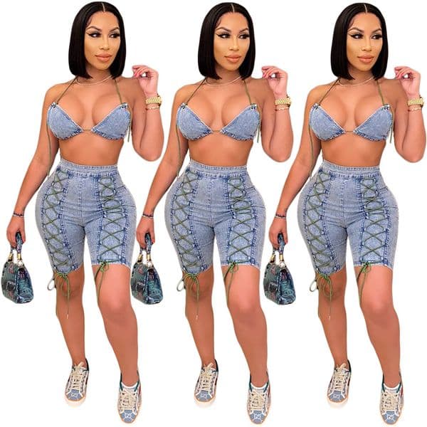 Designer Tracksuits Women Denim Two Piece Sets Spring Summer Clothes Sexy Bandage Bra Top and Short Pants Matching Sets Blue Jeans 2pcs suits 9229