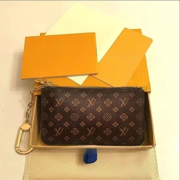 POCHETTE CLES Designer Fashion Womens Men Key Ring Credit Card Holder Coin Purse Luxury Mini Wallet Bag Charm Brown Canvas ID Bags