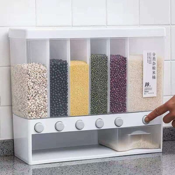 Storage Bottles Jars Kitchen Storage Sealed Cereal Dispenser Moisture Proof Automatic Rice Dispenser Rack Wall Mounted Dry Food Rice Splitter Bucket 230217