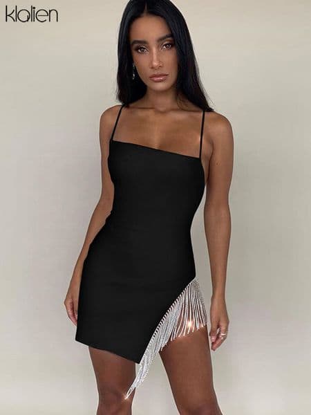 Casual Dresses KLALIEN Elegant Women Summer Fashion Sexy Diamond Tassel Strap Mini Bodycon Party Vacation Beach Wear 230217