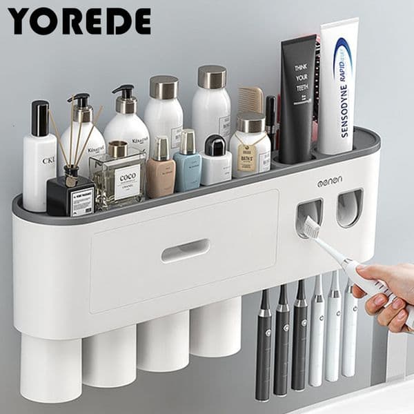 Toothbrush Holders YOREDE Magnetic Cups Holder Wall Storage Rack Toothpaste Dispenser Home Organizer Bathroom Accessories Set 230217