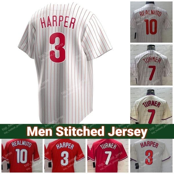 New 7 Trea Turner Jersey Bryce JT Realmuto Harper White Red Cream Mens Stitched Jerseys Size S-XXXL
