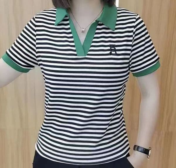 Women's Blouses Shirts VNeck Summer loose striped tshirt embroidered polo neck top for women pullover Fashion casual short Sleeve female Clothing 230223Y