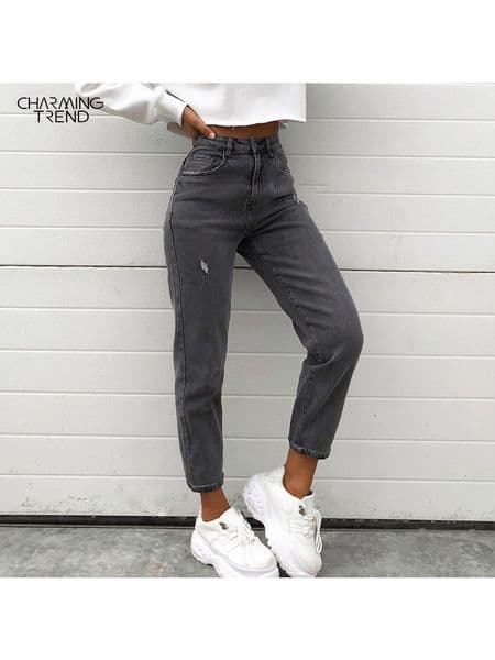 Women's Jeans Tight Elastic Jeans Women Feet Pants Nine Pants Distressed Autumn Winter Vintage High Waist Denim Trousers Women Gray 230225