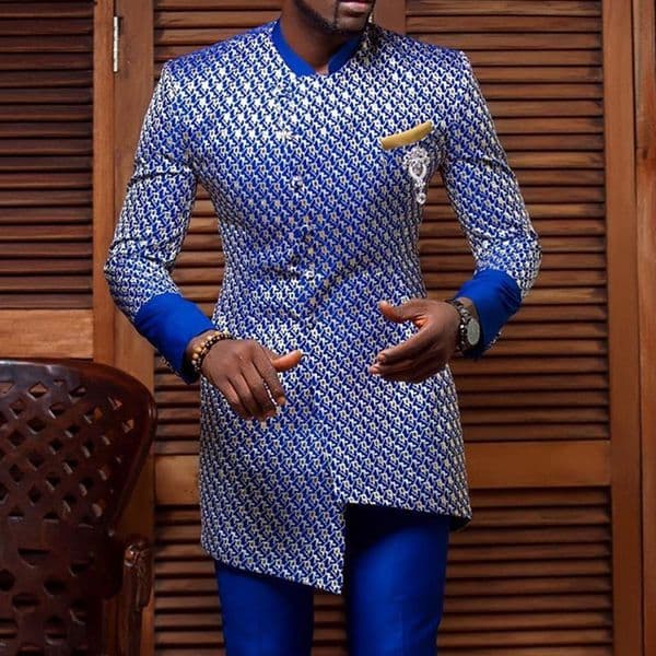 Men's African Dashiki Long Sleeve Shirt, Blue Print Pattern Casual Standing Collar Summer Top, Polyester, New Arrival B3
