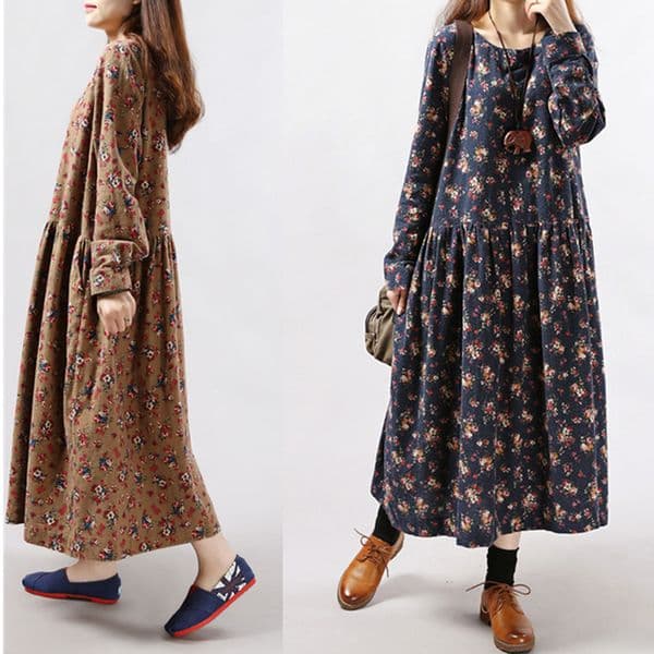 Casual Dresses Korean Fashion Female Vintage Autumn Dresses Floral Print Dress Long Sleeve O Neck Pockets Loose Casual Vestidos Women Clothing 230227