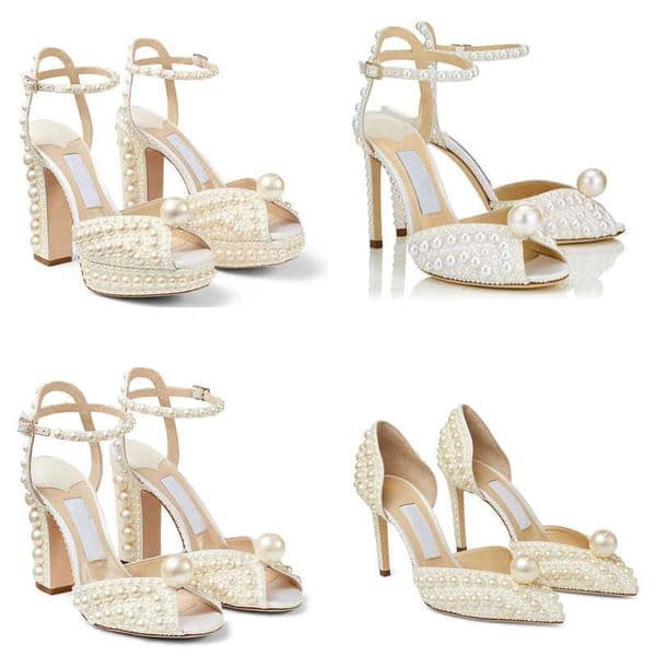 Summer Sacaria Dress Wedding Shoes Pearl-Embellished Satin Platform Sandals Elegant Women White Bride Pearls High Heels Ladies Pumps