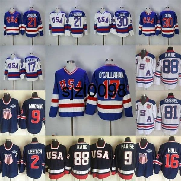 Sj98 1980 Miracle On Ice Hockey Jersey 17 Jack O'Callahan 21 Mike Eruzione 30 Jim Craig 88 Patrick Kane 9 Zach Parise Mens Hockey Jerseys