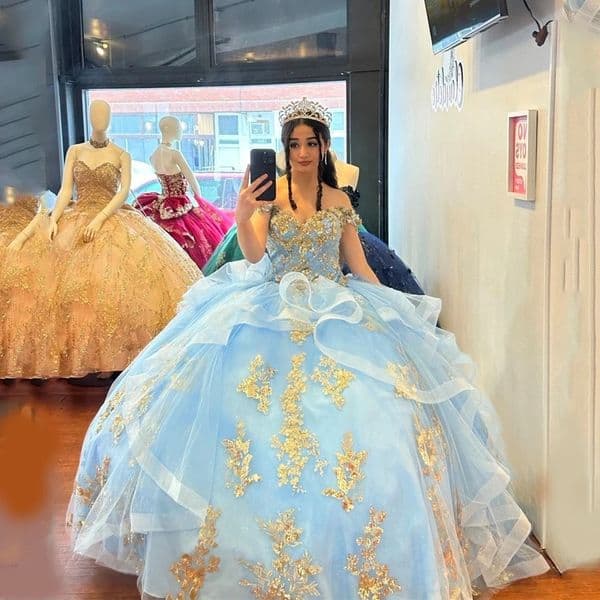 Sky Blue Quinceanera Dresses 2024 Ball Gown Gold Applique Lace Vestidos De XV Anos Beads Birthday Prom Dress