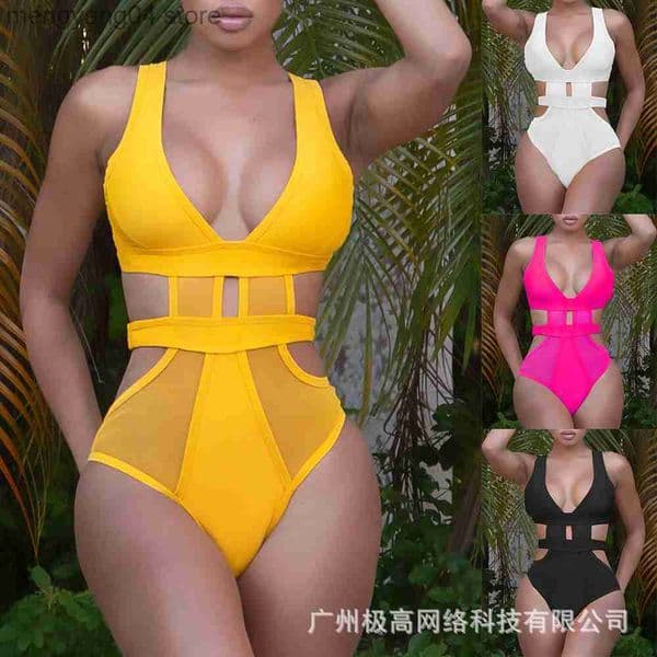Women's Swimwear Women Swim One-Piece Suits Sexy Solid Slim Hollow Out Swimsuit Bodysuits Women Sleeveless V-neck High Waist Stitching Bodysuits T230606