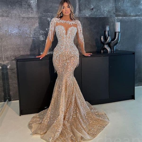 2023 Aso Ebi Champagne Mermaid Prom Dress Beaded Crystals Evening Formal Party Second Reception Birthday Bridesmaid Engagement Gowns Dresses Robe De Soiree ZJ354