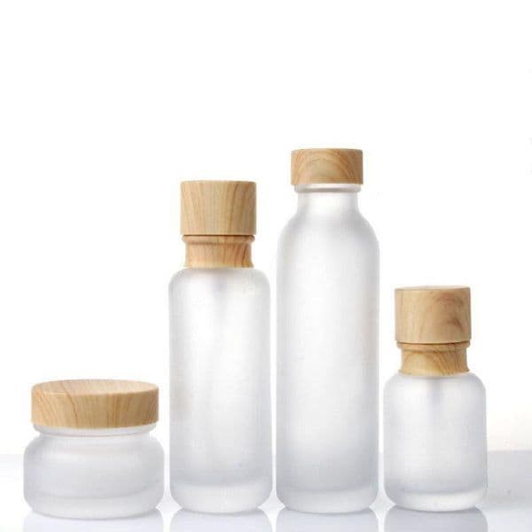 Frosted Glass Jar Cream Bottles Round Cosmetic Jars Hand Face Lotion Pump Bottle with wood grain cap Tecfs