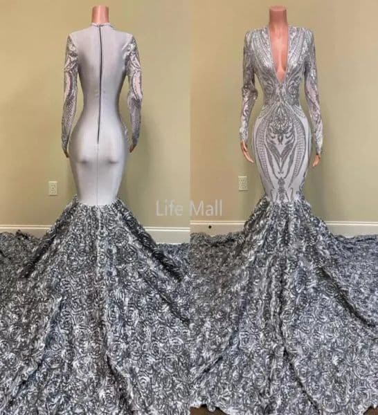 Sier Prom Dresses Mermaid Long Sleeves Deep V Neck Floral Floor Length Custom Made Ruched Evening Party Gowns Vestidos Plus Size estidos