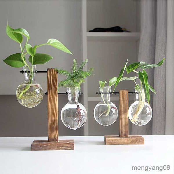 2026 New Planters Pots Terrarium Plant Vases Hydroponic Vintage Transparent Glass Wooden Frame Flowerpot Tabletop Flower Shelves Balcony Off