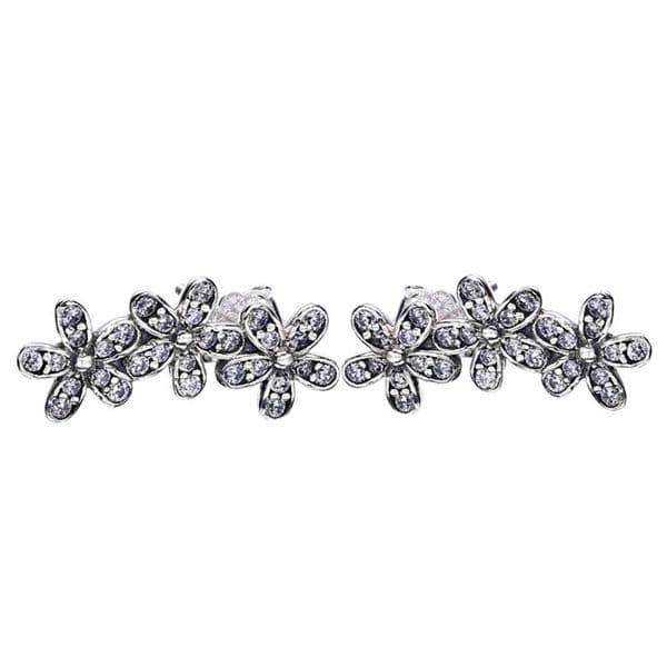 Fashionable Flower Stud Earrings in Polished 925 Sterling Silver with Imitation Diamond Detailing for Her