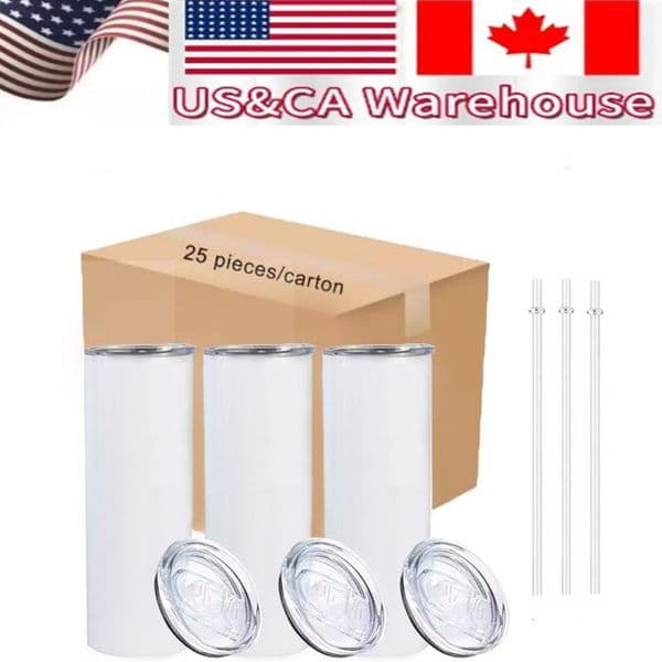 US CA Local Warehouse Sublimation Blanks gs 20oz Stainless Steel Straight Tumblers White Tumbler with Lids and Straw Heat Transfer Cups Water Bottles 25p
