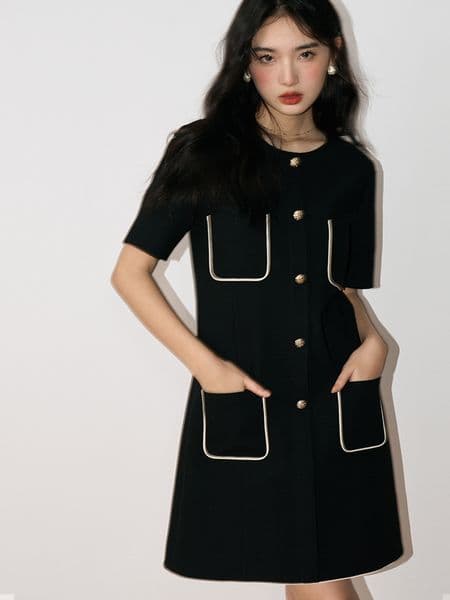 Basic & Casual Dresses Maje Crew Neck Short Sleeve Contrast Trim Waist Dress